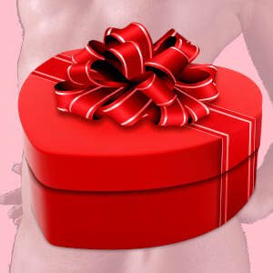 Veranschaulichung von Wünschen und Phantasien durch herzförmiges Geschenkpaket mit Silouhette einer unbekleideten Frau dahinter